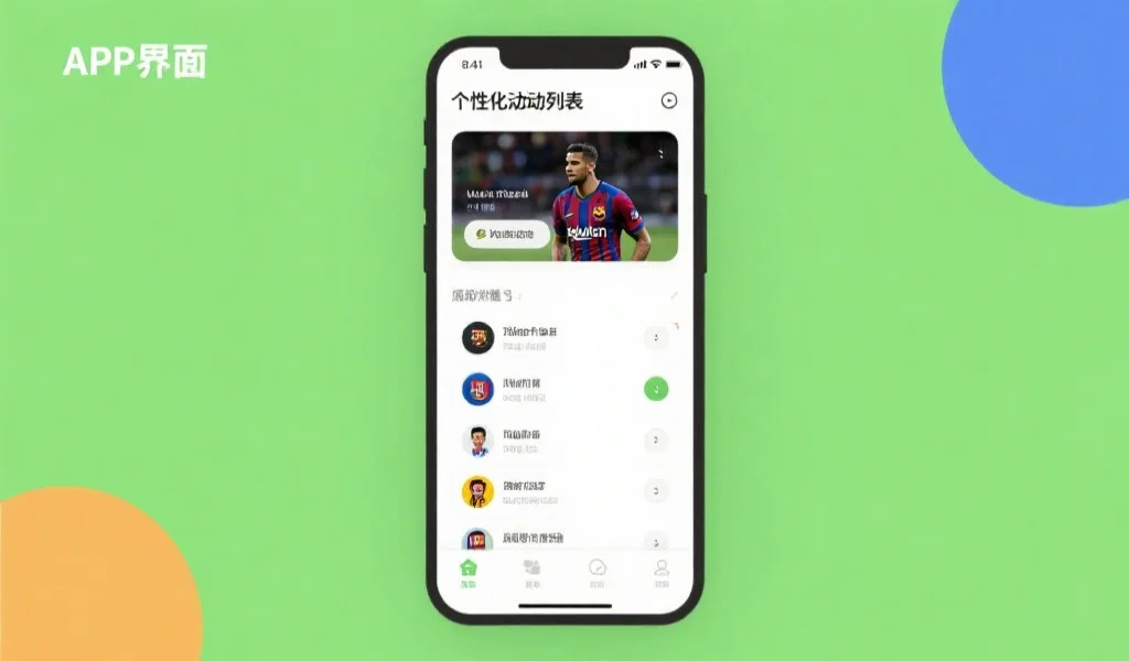 APP界面展示个性化关注列表，用户根据爱好添加不同球队和运动员，界面简洁直观